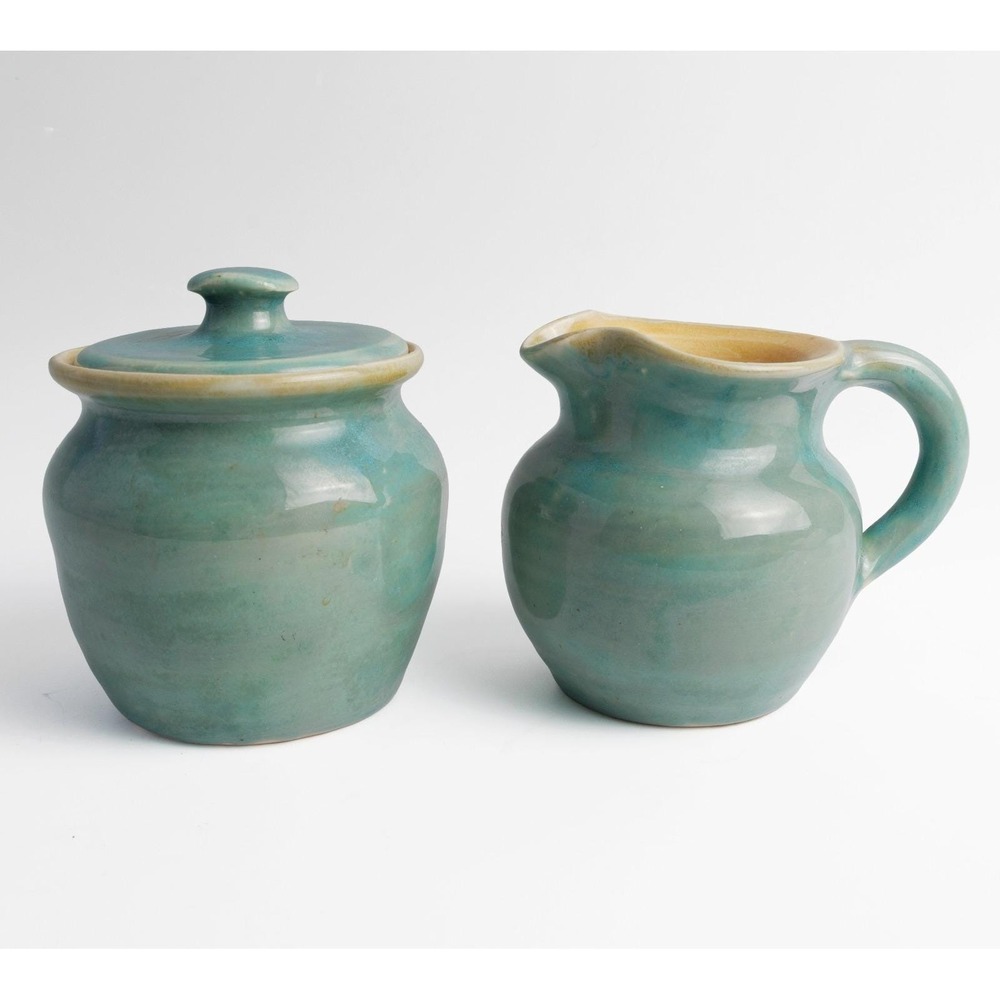 Vintage Pisgah Forest Pottery Creamer Sugar Set Blue Green Mid-Century